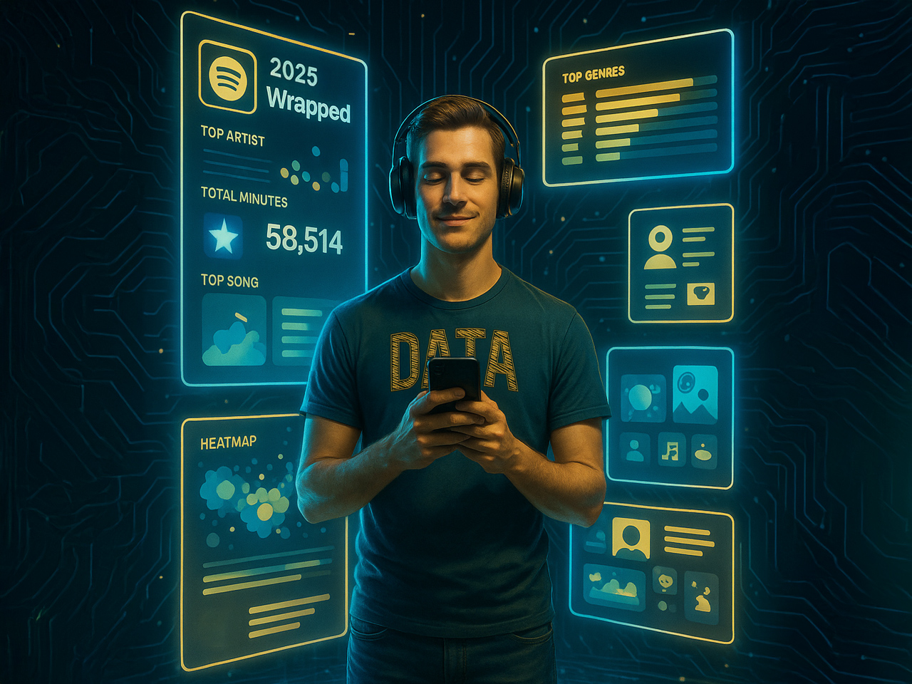 Joven con audífonos observando visualizaciones de datos personalizados en una interfaz digital tipo Spotify Wrapped, representando el uso creativo del first-party data.